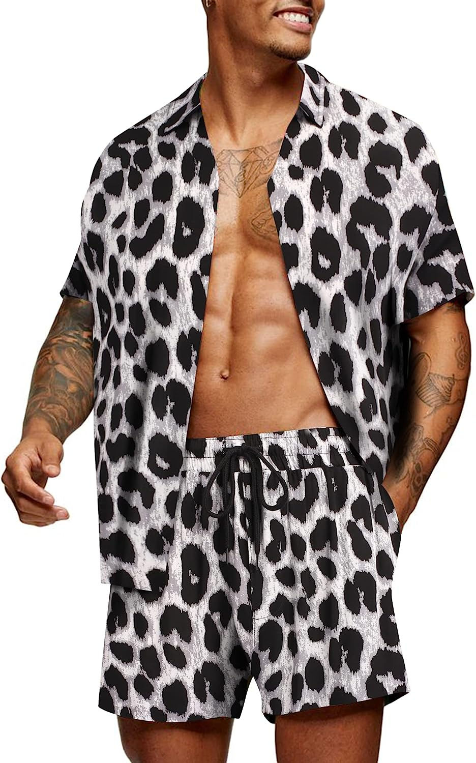 Thumbnail: COOFANDY Men's Hawaiian Matching Set Summer Beach 2 Piece Outfits Flower Shirt 