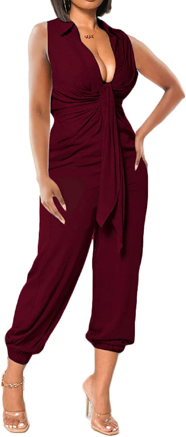 Thumbnail: Xinlees Women's Elegant V Neck Jumpsuit Casual Straight Trousers Business Rompe