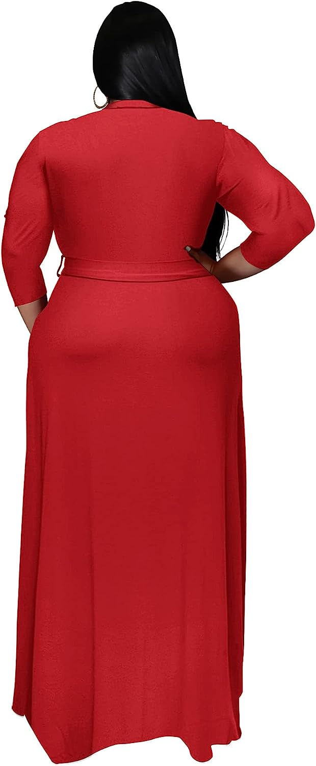 Thumbnail: Runwind Plus Size Dress for Women - 3/4 Sleeve V Neck Printing Maxi Dresses for