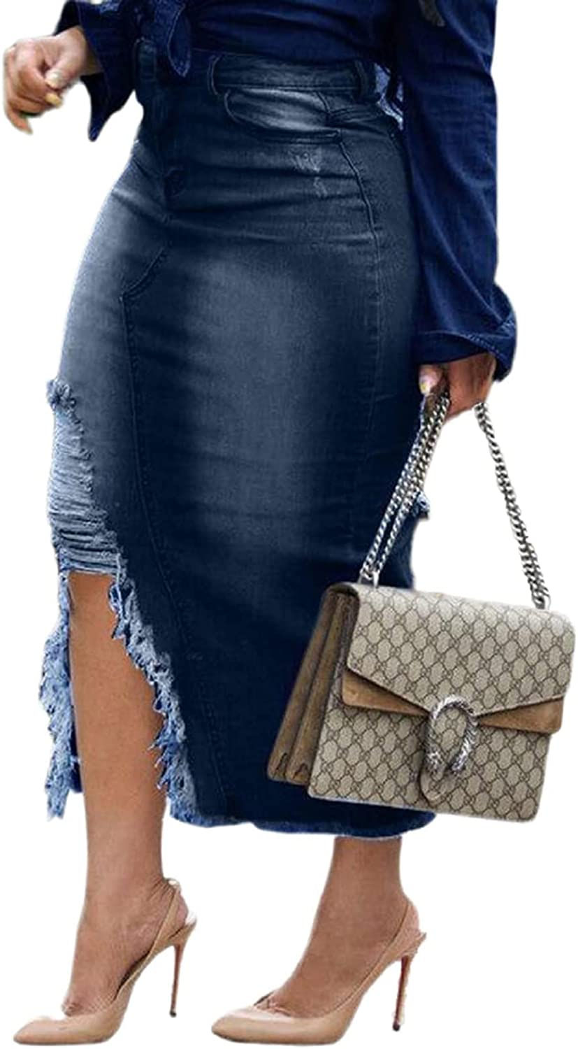 Thumbnail: MsavigVice Denim Skirts for Women with Pockets Frayed Raw Hem Stretch Waist Was