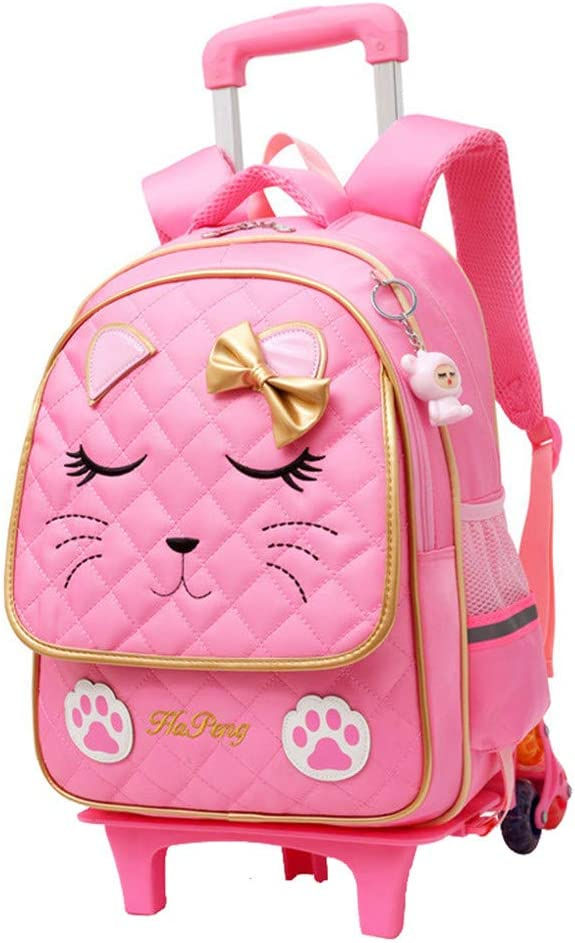 Thumbnail: Girls Rolling Backpack Trolley School Bags Cat Face Print Travel Wheeled Carry-