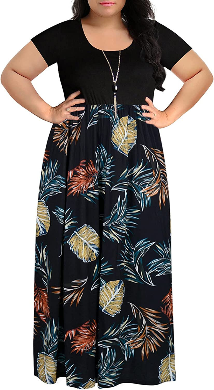 Thumbnail: Nemidor Women's Chevron Print Summer Short Sleeve Plus Size Casual Maxi Dress