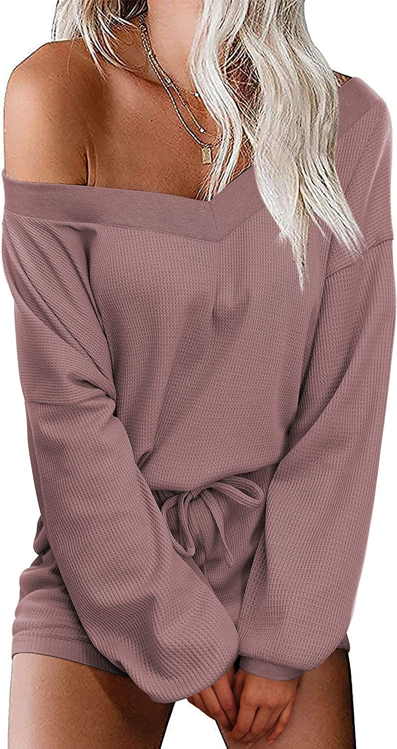 Thumbnail: Ekouaer Womens Pajama Set Waffle Knit Lounge Set V Neck Off Shoulder Sleepwear 