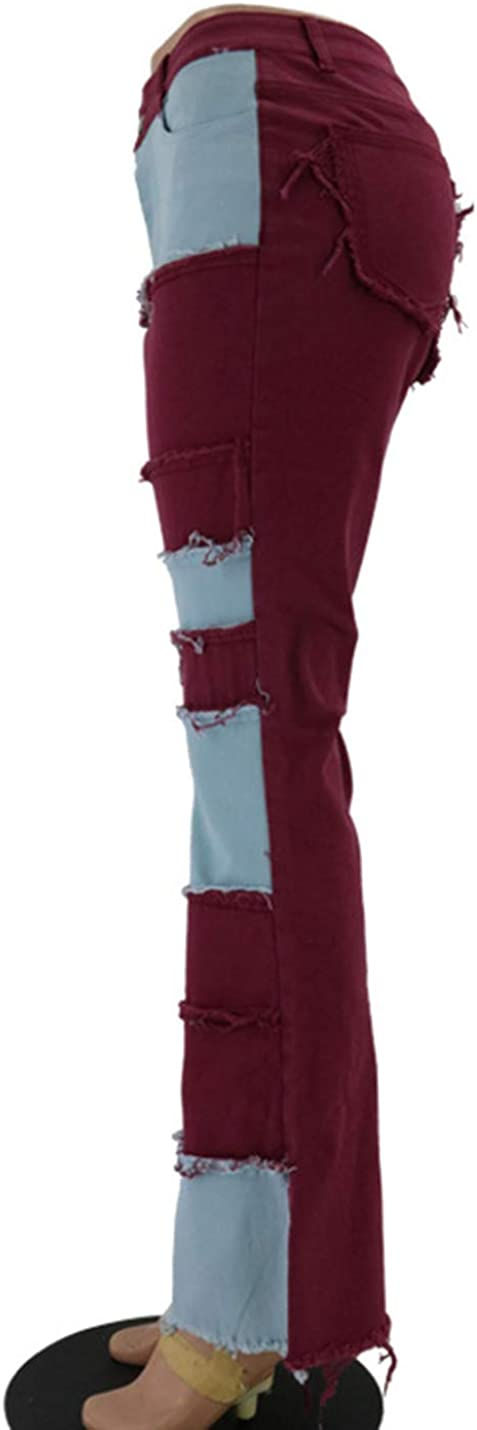 Thumbnail: PAODIKUAI Women Patchwork Jeans Bell Bottom Raw Hem Denim Pants Slim Bootcut Je