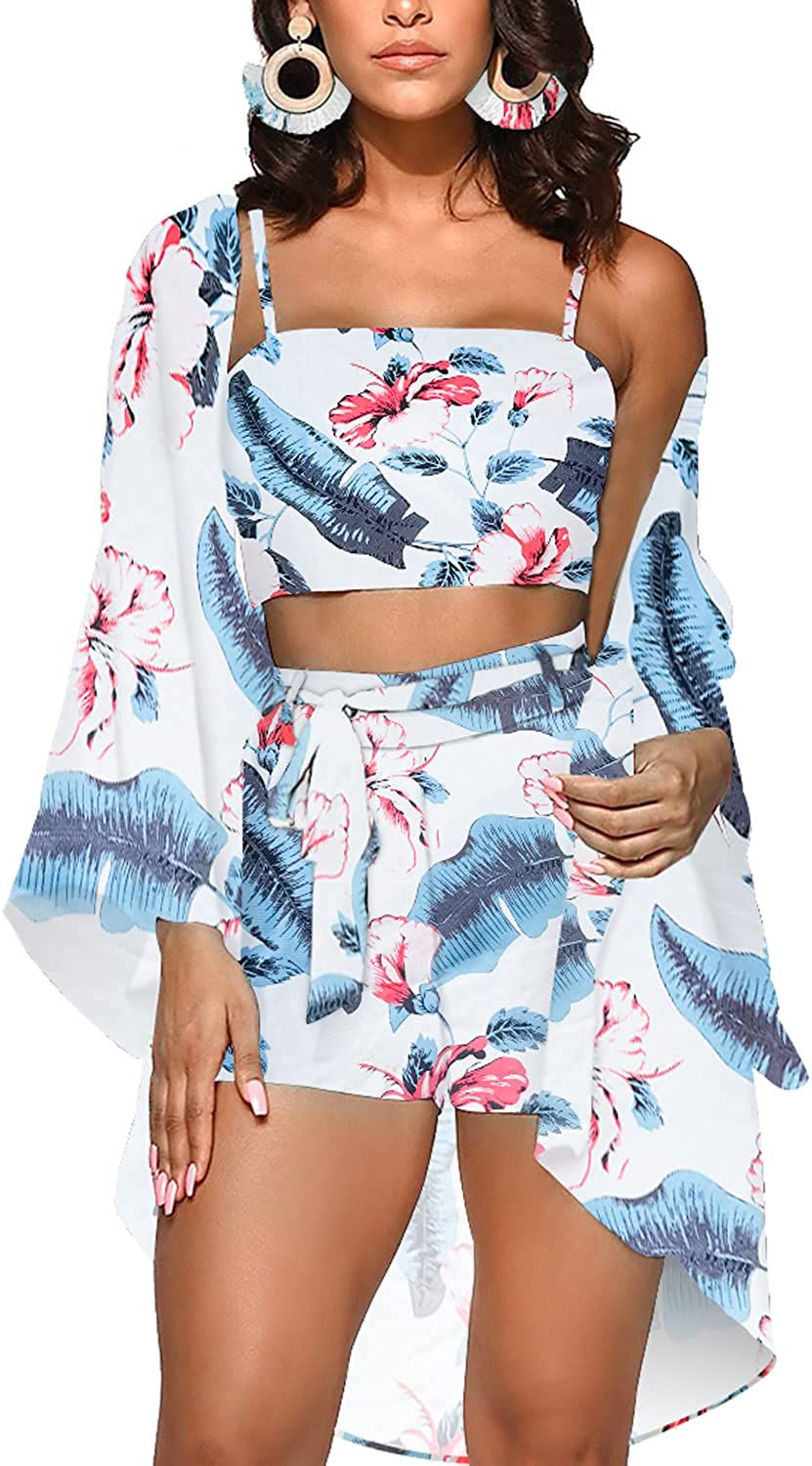 Thumbnail: Womens Hawaiian Outfits 3 Piece Swimsuit Summer Beach Cover Ups Floral Kimono C