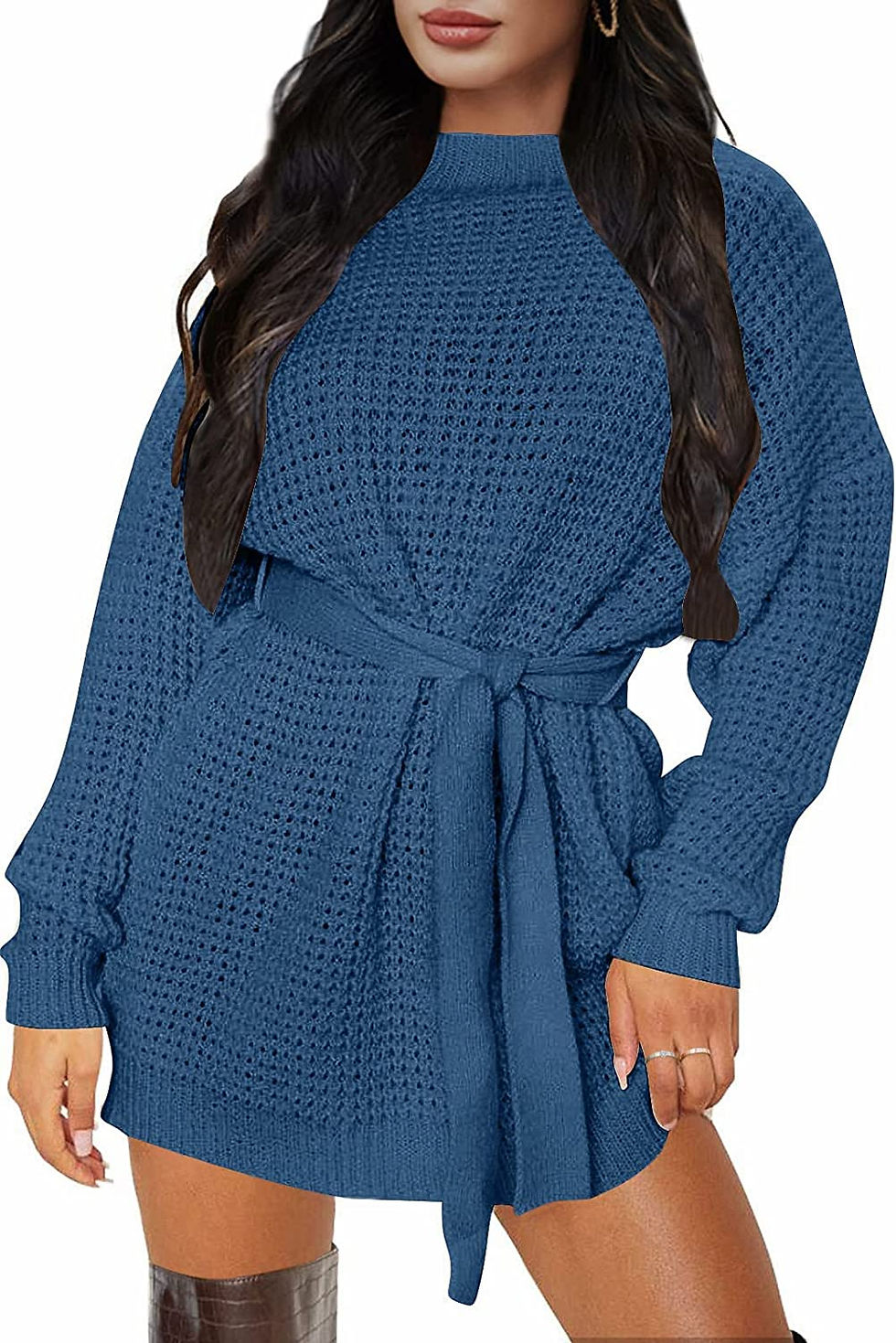 Thumbnail: ZESICA Women's Long Sleeve Solid Color Waffle Knitted Tie Waist Tunic Pullover 