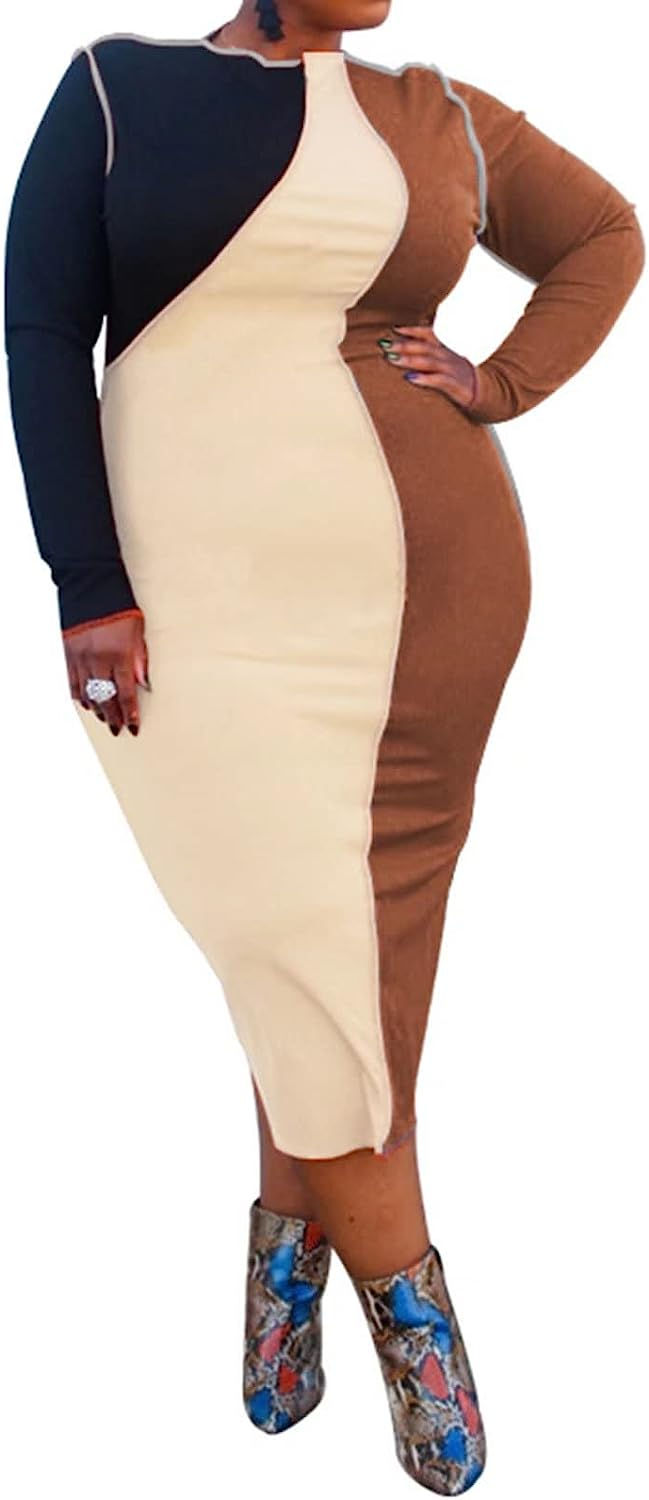 Thumbnail: IyMoo Women's Plus Size Color Block Ribbed Crewneck Long Sleeve Bodycon Maxi Dr