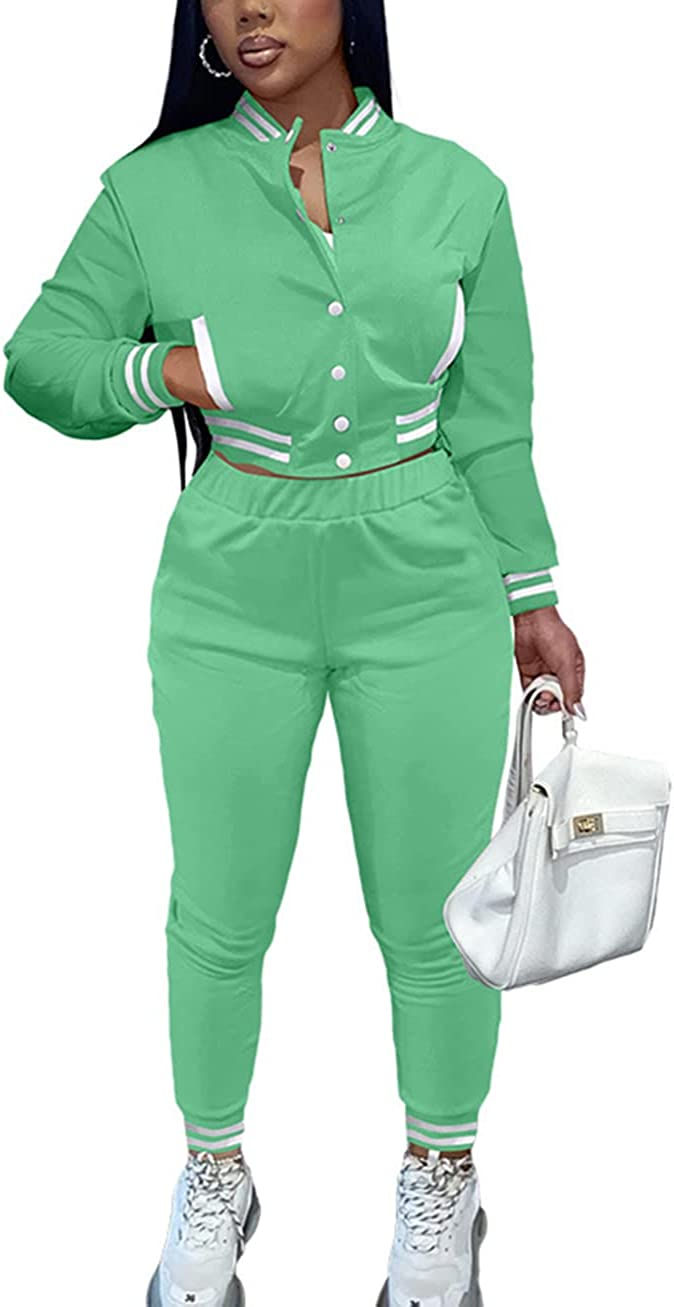 Thumbnail: Women's Varsity Sweatsuit Button Down 2 Piece Outfit Patchwork Slim Tracksuit T