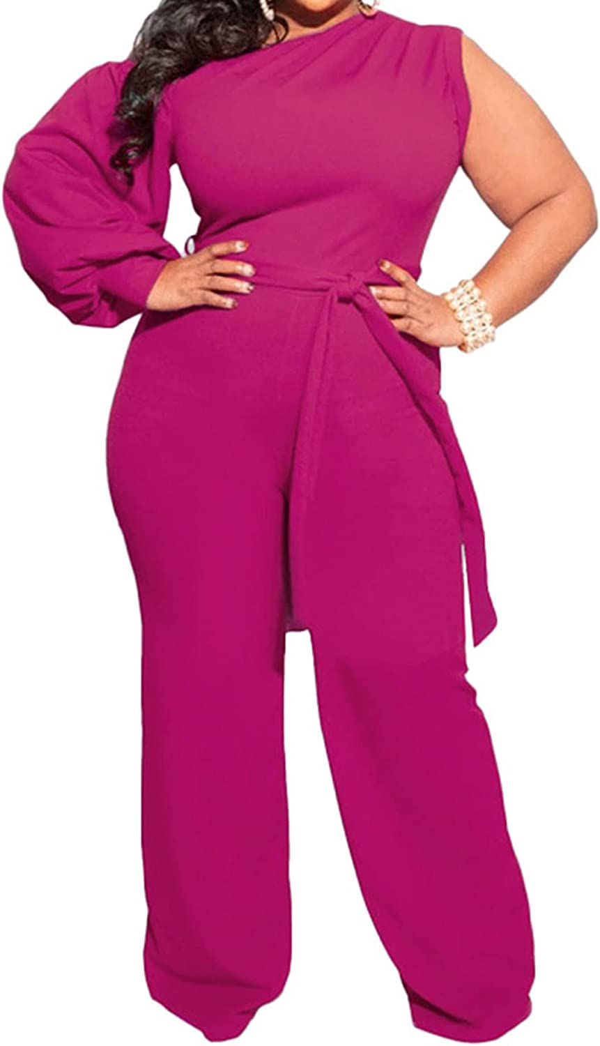 Thumbnail: IyMoo Women's Sexy Plus Size One Shoulder Wide Leg Long Sleeve Cocktail V Neck 
