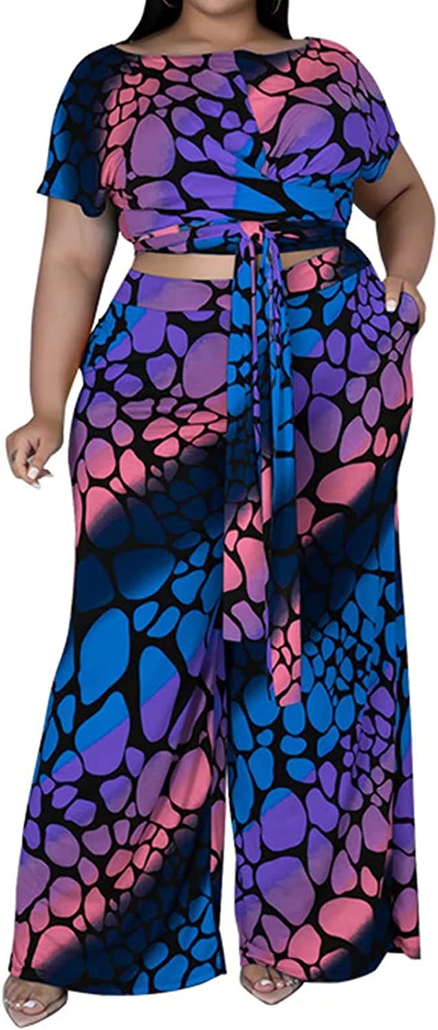 Thumbnail: Women's Plus Size 2 Piece Outfit Sexy Printed Belted Crop Top Wide Leg Pants Se