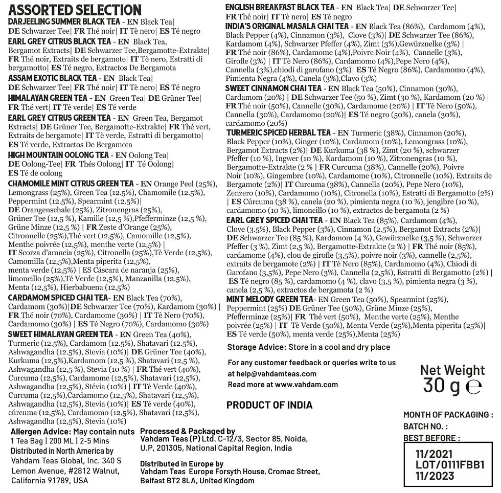 Thumbnail: VAHDAM, Tea Variety Pack- 15 Flavors, 1 Tea Bag each | Tea Sampler- Black Tea, 