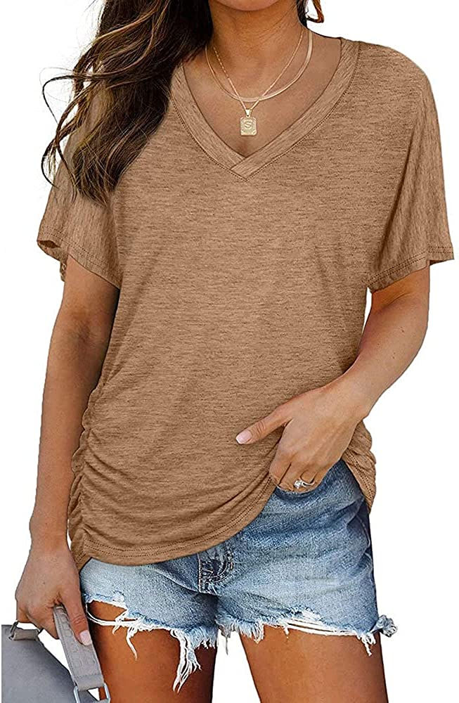 Thumbnail: Ownow Women's Short Sleeve V Neck Pleated T Shirts Summer Loose Fit Basic Tunic