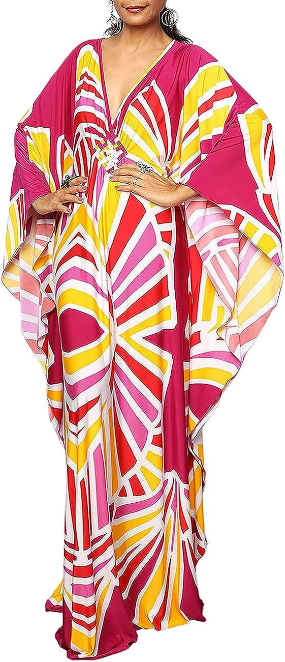Thumbnail: Bsubseach Women Ethnic Print Kaftan Beach Dress Plus Size Swimsuit Cover Up