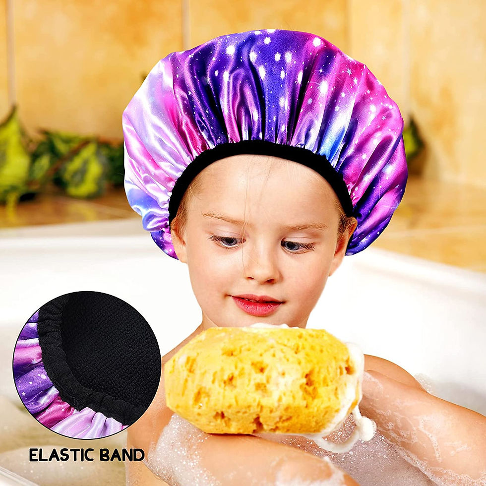 Thumbnail: 3 Pcs Kids Terry Lined Shower Cap with Dry Hair Function, Triple Layer Shower C