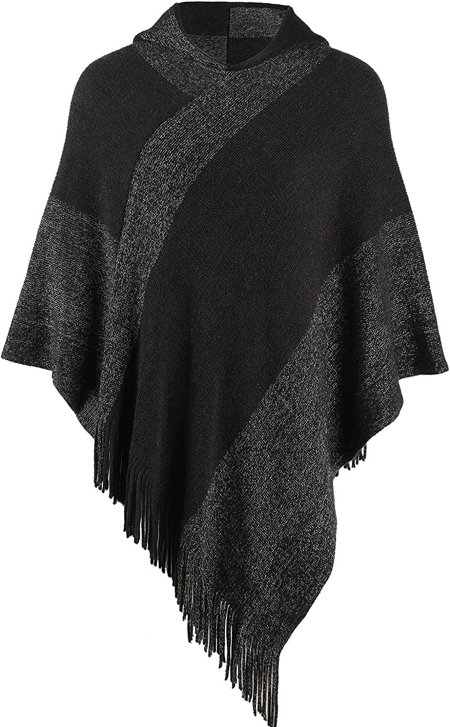 Thumbnail: Women's Elegant Knitted Shawl Poncho with Fringed V-Neck Striped Sweater Pullov