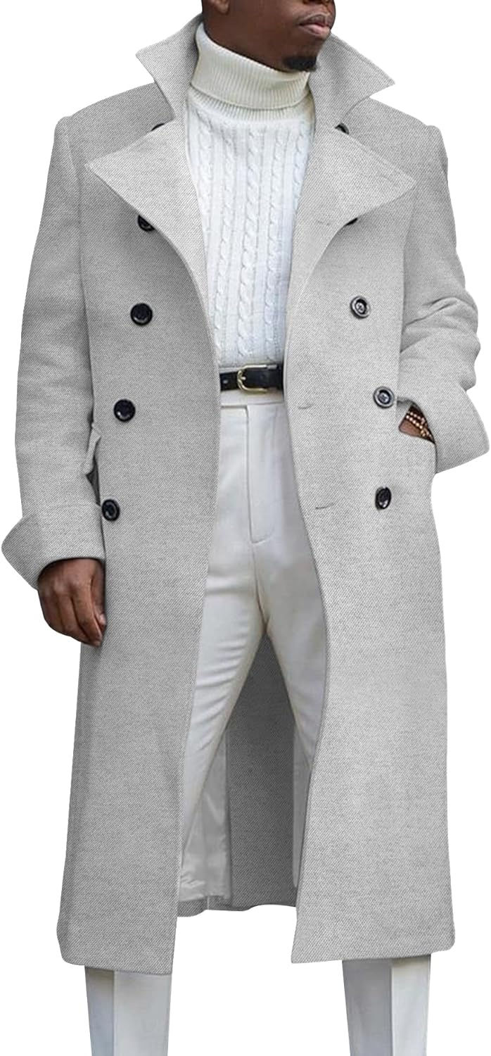 Thumbnail: Ebifin Men's Notch Lapel Double Breasted Long Trench Coat Casual Cotton Blend P