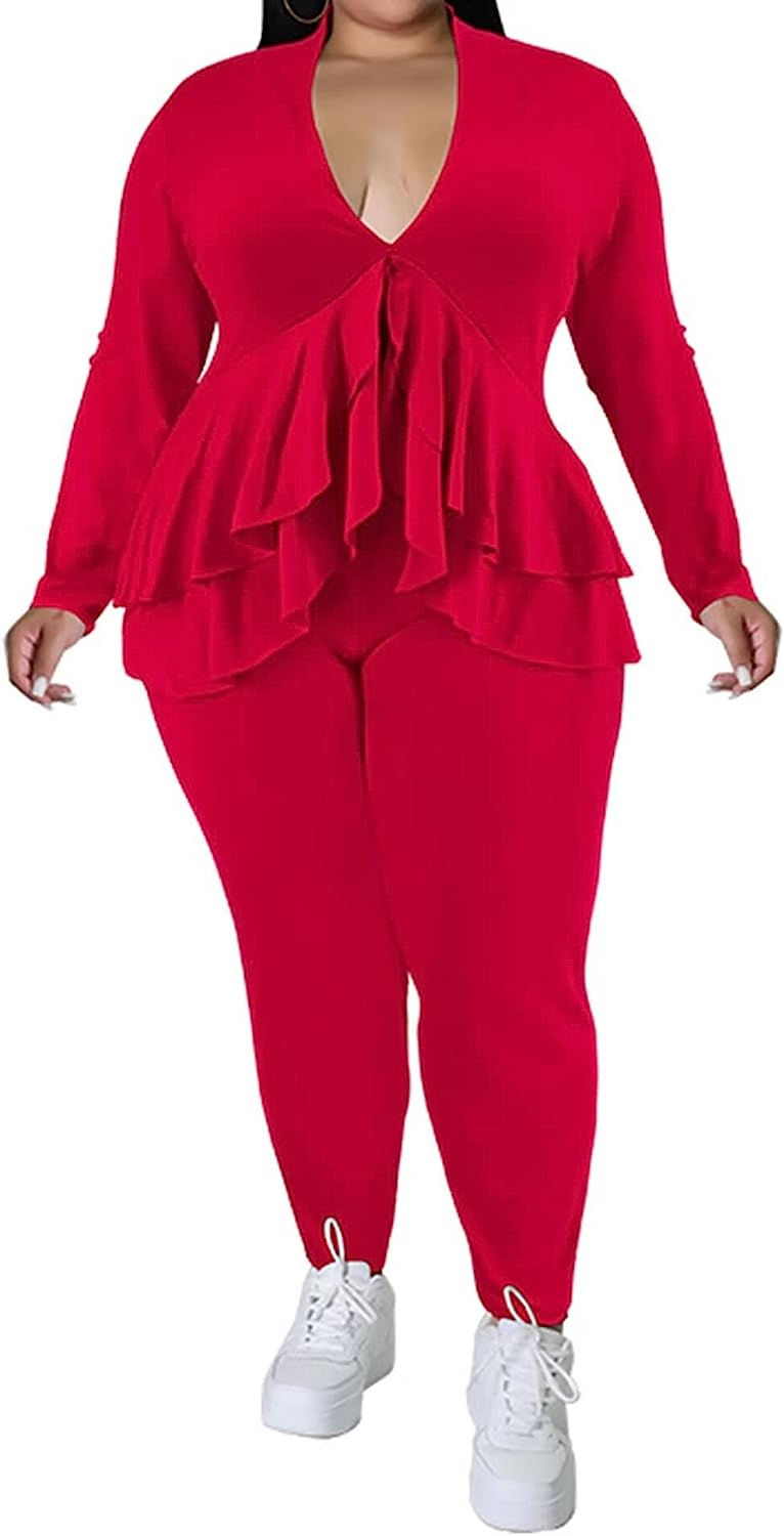 Thumbnail: IyMoo Women Plus Size 2 Piece Outfits Long Sleeve V Neck Peplum Pullover Tops B