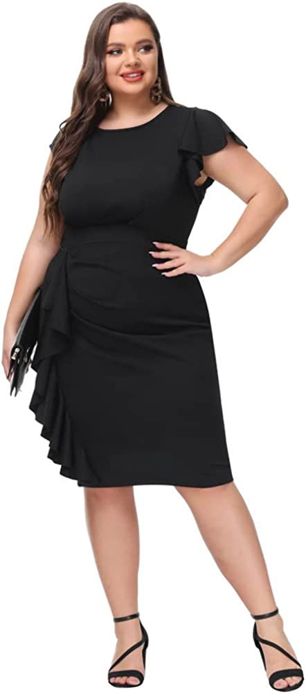 Thumbnail: Hanna Nikole Women's Plus Size Vintage Ruffle Sleeves Cocktail Party Pencil Dre