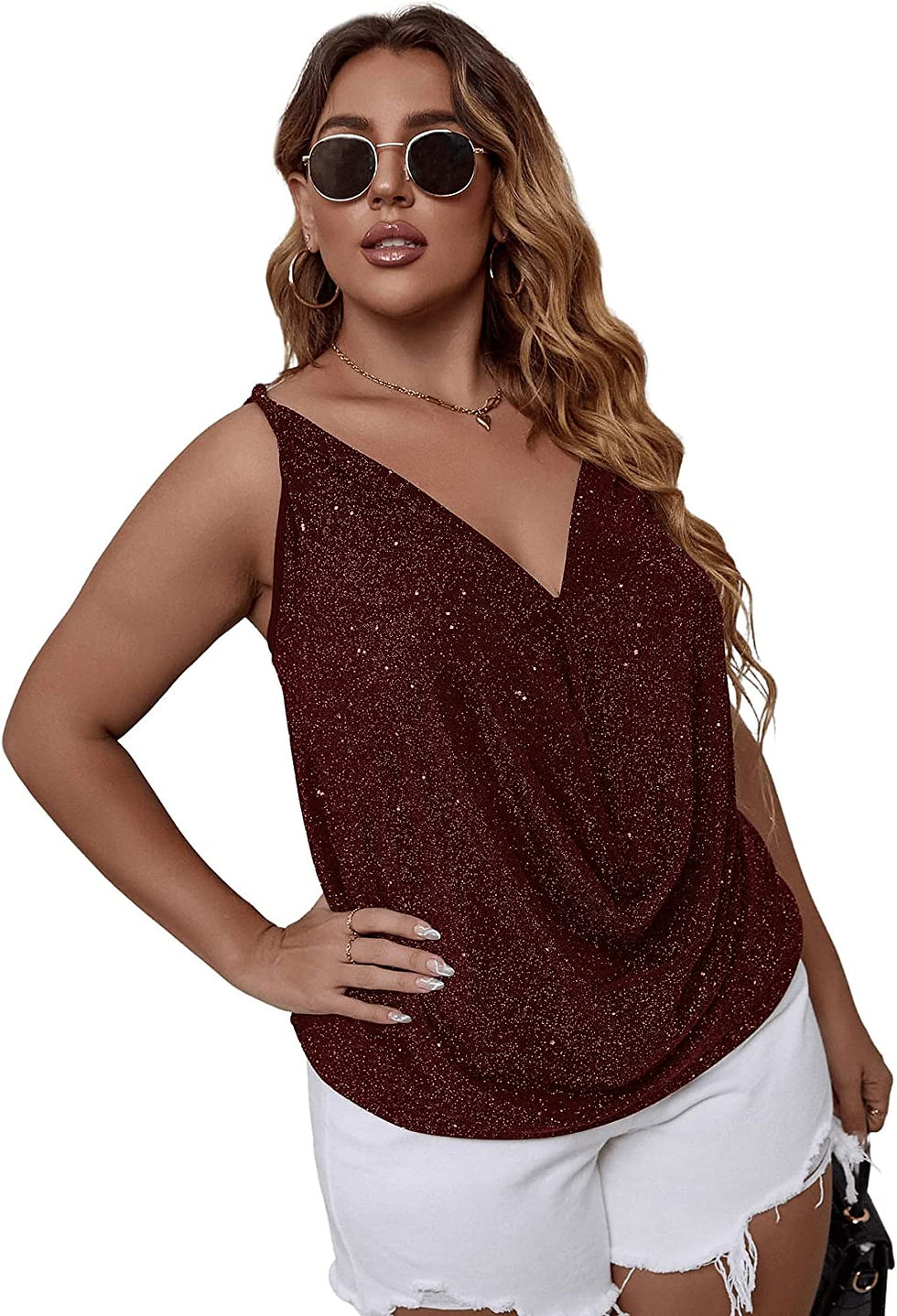 Thumbnail: Floerns Women's Plus Size Glitter Draped Neck Sleeveless Backless Cami Top