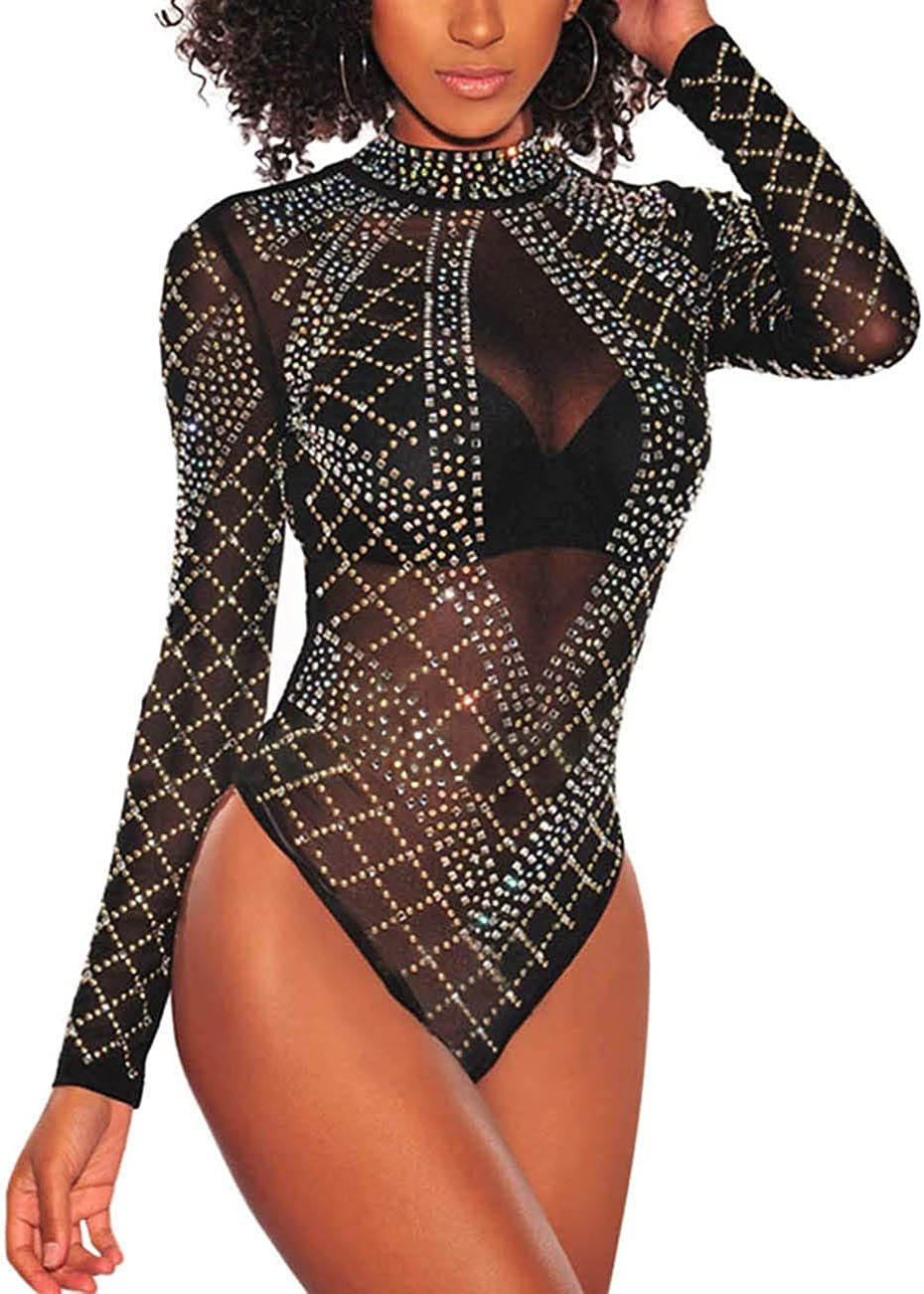 Thumbnail: SEBOWEL Women Long Sleeves Mesh See Through Jumpsuit Bodysuit Top Leotard