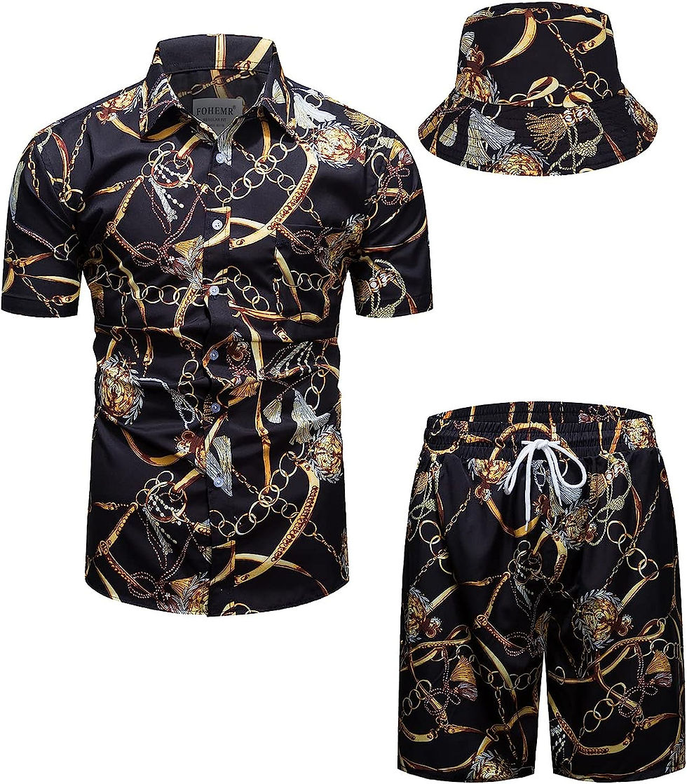 Thumbnail: fohemr Mens Luxury Outfit Set Black Gold Shirts and Shorts 2 Piece Chain Print 