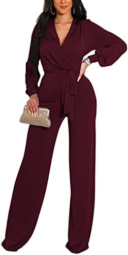 Thumbnail: DinyIn Sexy Deep V Neck Long Wide Leg Pant for Women Casual Solid Jumpsuits Plu