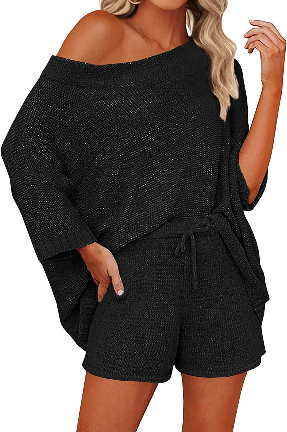 Thumbnail: Mafulus Women's 2 Piece Outfits Sweater Sets Off Shoulder Knit Top Shorts Match