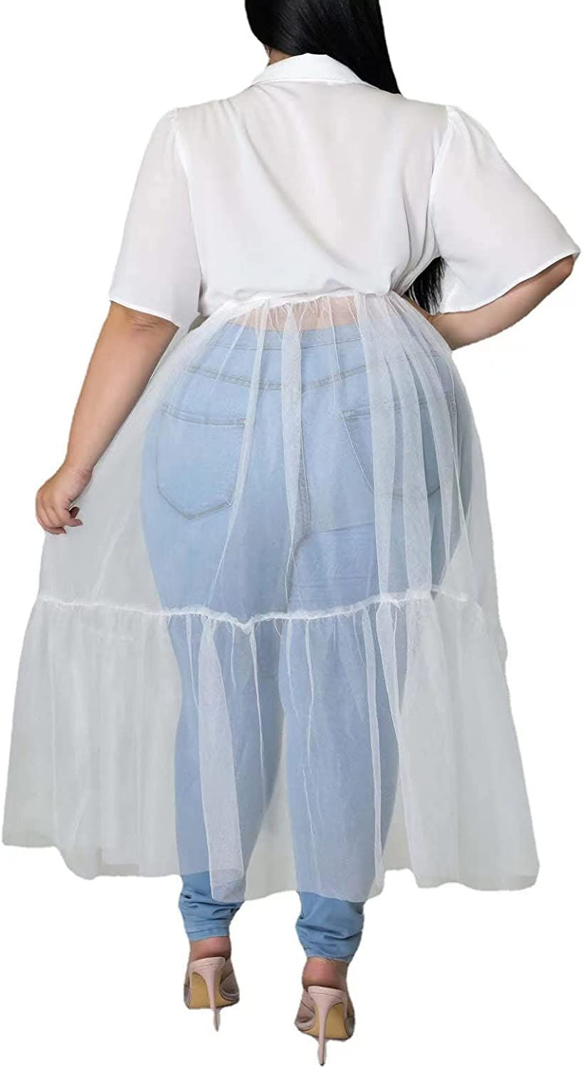 Thumbnail: Sunlips Women's Sexy Plus Size Lapel Shirt Dresses Mesh See Through Puff Short 