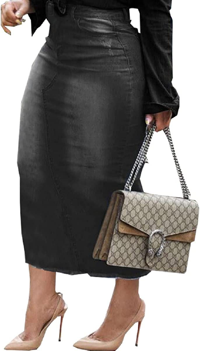 Thumbnail: MsavigVice Denim Skirts for Women with Pockets Frayed Raw Hem Stretch Waist Was