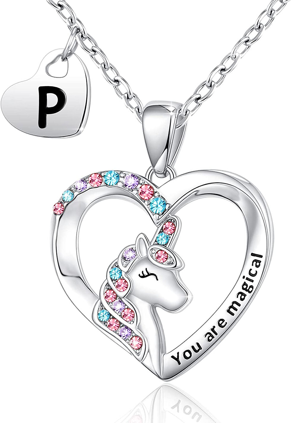 Thumbnail: Shonyin Initial Unicorn Necklace, Unicorns Gifts CZ Heart Pendant Necklace, Bir