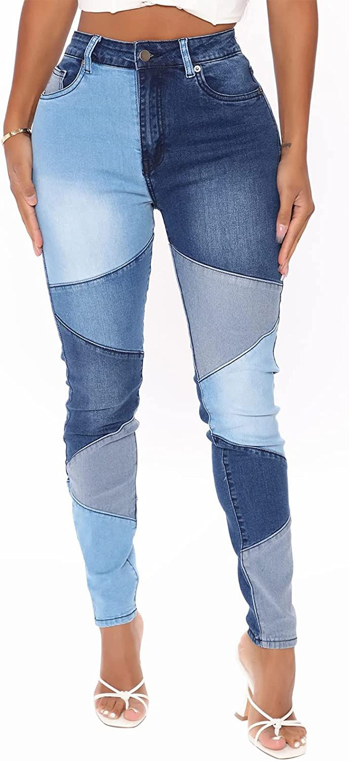 Thumbnail: KUNMI Women's High Waisted Patchwork Skinny Jeans Stretchy Denim Pants