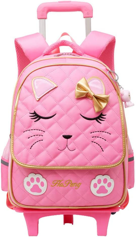 Thumbnail: Girls Rolling Backpack Trolley School Bags Cat Face Print Travel Wheeled Carry-