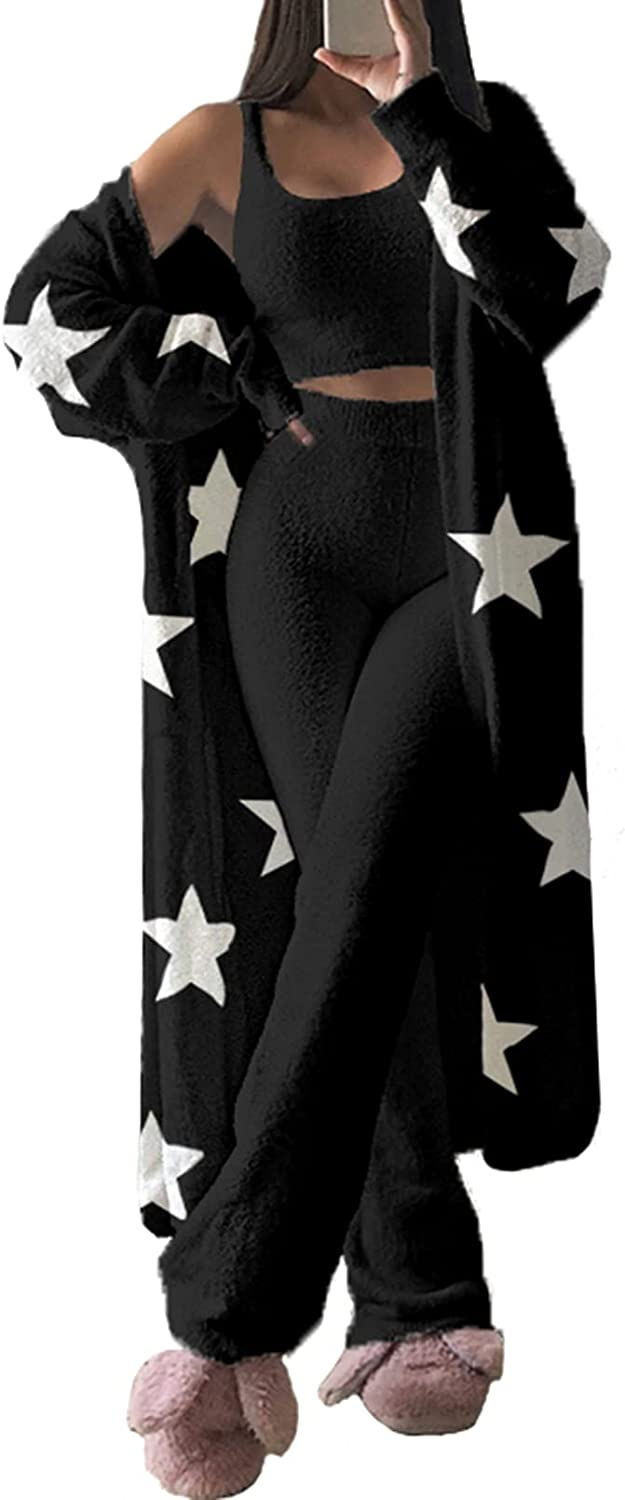 Thumbnail: Fixmatti Women's Fuzzy 3 Piece Sweatsuit Open Front Cardigan Crop Tank Tops Wid