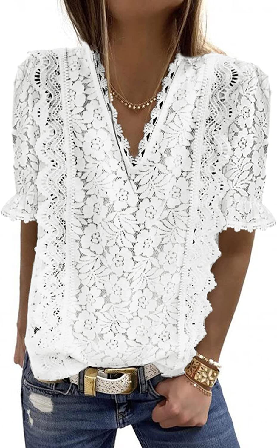 Thumbnail: Astylish Womens Lace V Neck Tunic Tank Tops Casual Sleeveless Shirt Blouse