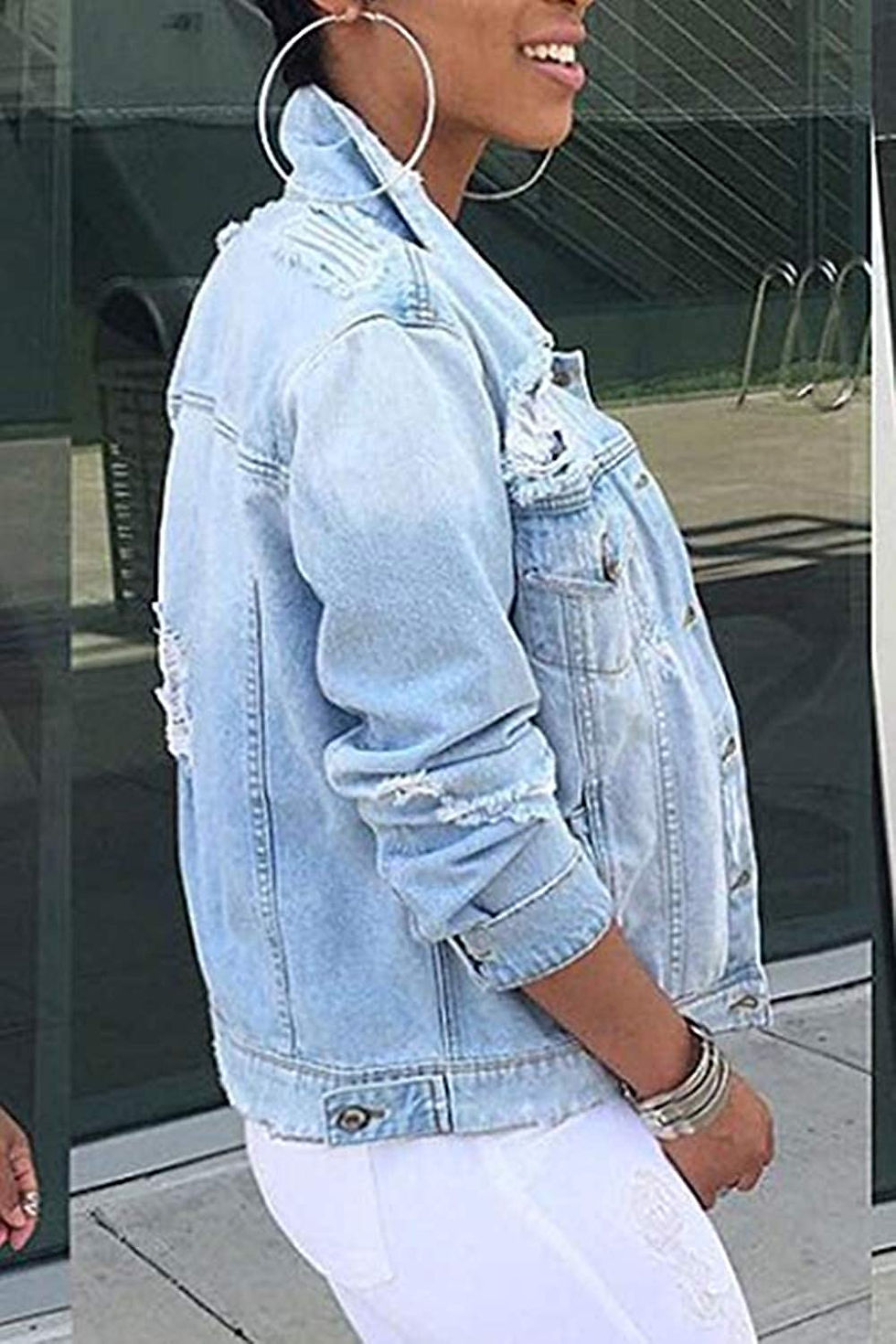 Thumbnail: Vosujotis Womens Denim Jackets Distressed Long Sleeve Jean Jacket Coats
