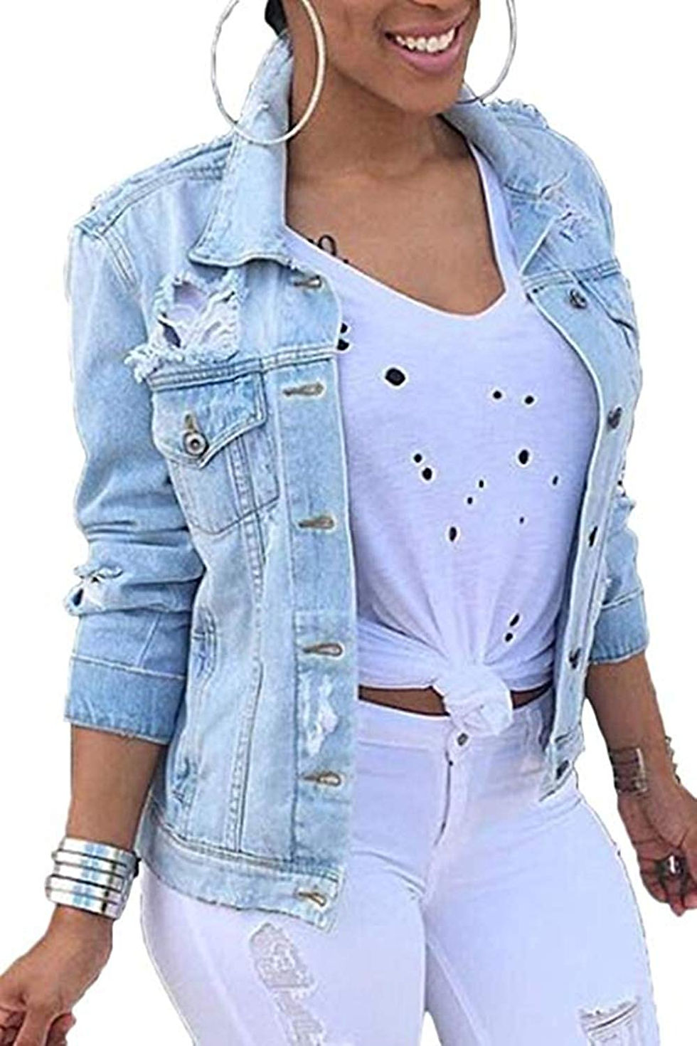 Thumbnail: Vosujotis Womens Denim Jackets Distressed Long Sleeve Jean Jacket Coats