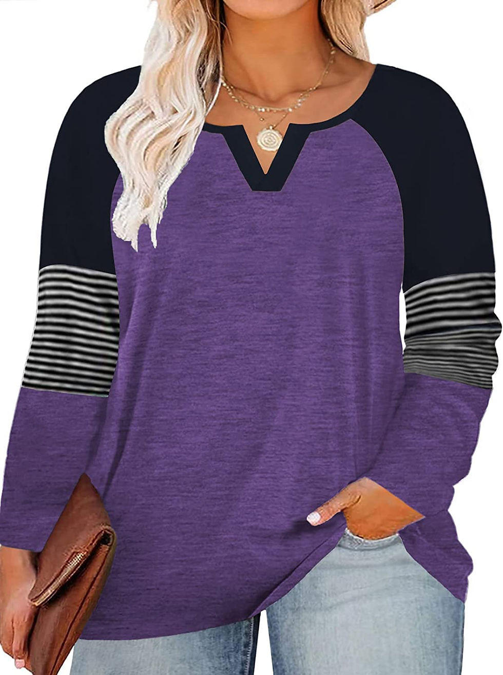 Thumbnail: ROSRISS Plus-Size Tops for Women Raglan Short/Long Sleeve Color Block Striped T