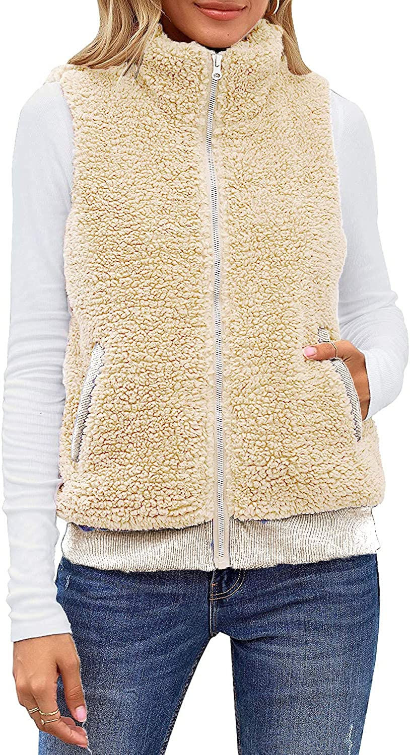 Thumbnail: ReachMe Womens Sleeveless Fleece Vest with Pockets Fuzzy Sherpa Vest Fluffy Zip