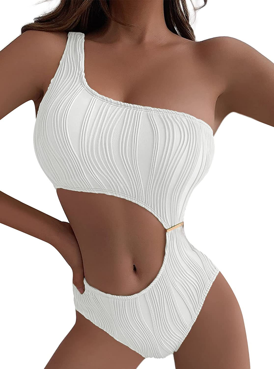 Hilinker Women's Sexy One Piece Bathing Suit Cutout Textured One Shoulder Swims