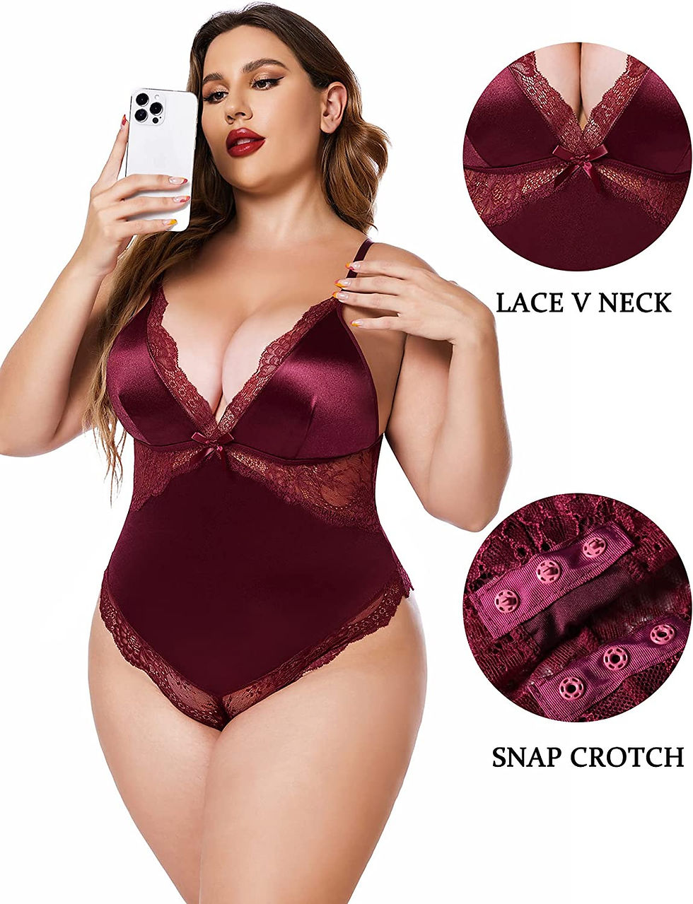 Thumbnail: Avidlove Plus Size Lingerie for Women Sexy Snap Crotch Teddy Bodysuit Satin Dee