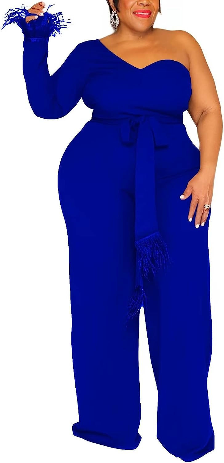 Thumbnail: IyMoo Women's Sexy Plus Size One Shoulder Asymmetrical Wide Leg Long Sleeve Coc