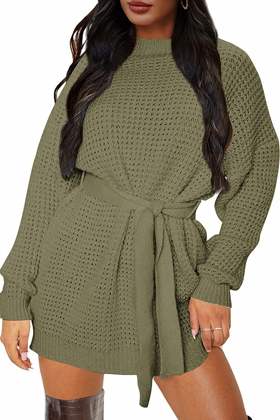 Thumbnail: ZESICA Women's Long Sleeve Solid Color Waffle Knitted Tie Waist Tunic Pullover 