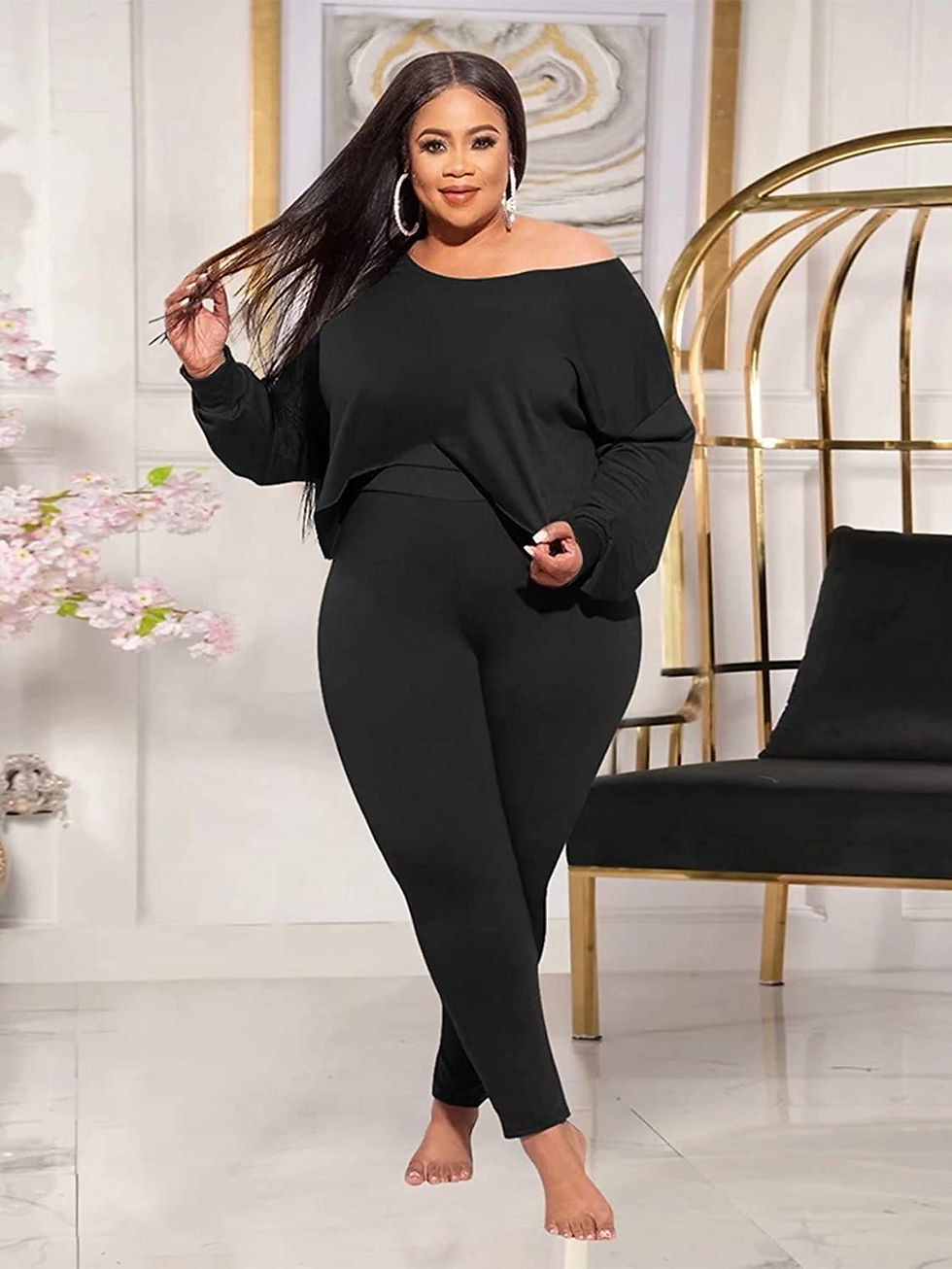 Thumbnail: MRSYVES 2 Piece Outfits for Women Solid Clubwear Off Shoulder Long Sleeve Shirt