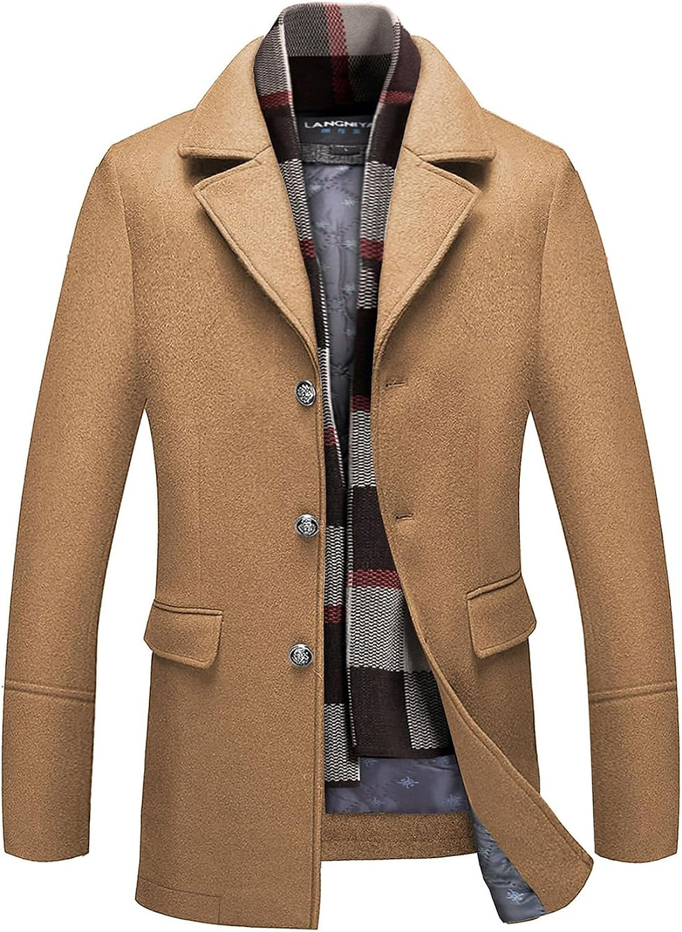 Thumbnail: INVACHI Mens Pea Coat With Detachable Scarf Single Breasted Woolen Coat