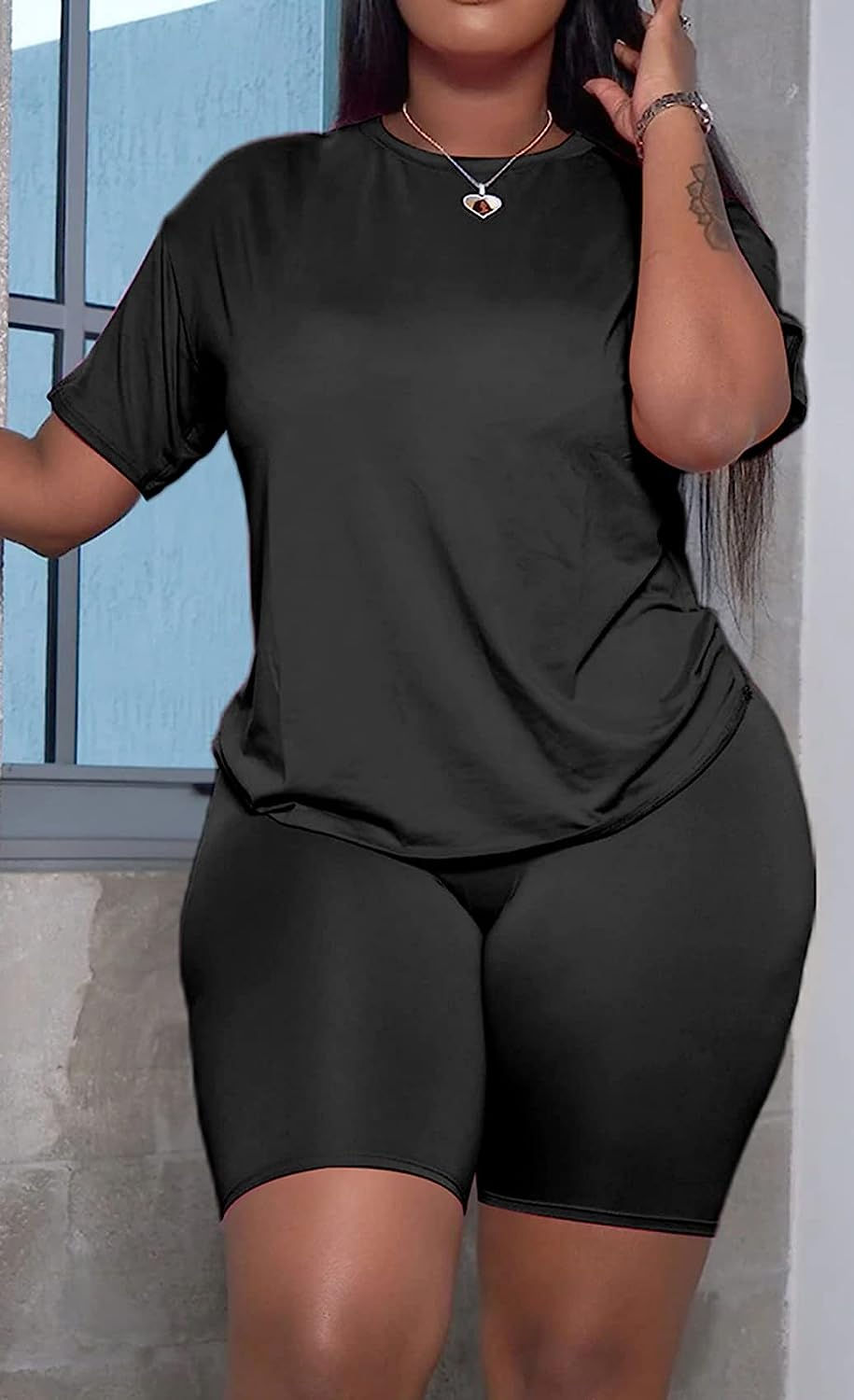 Thumbnail: Women's 2 Piece Outfit Sets Casual Solid T-Shirt Tops Biker Shorts Jogger Bodyc