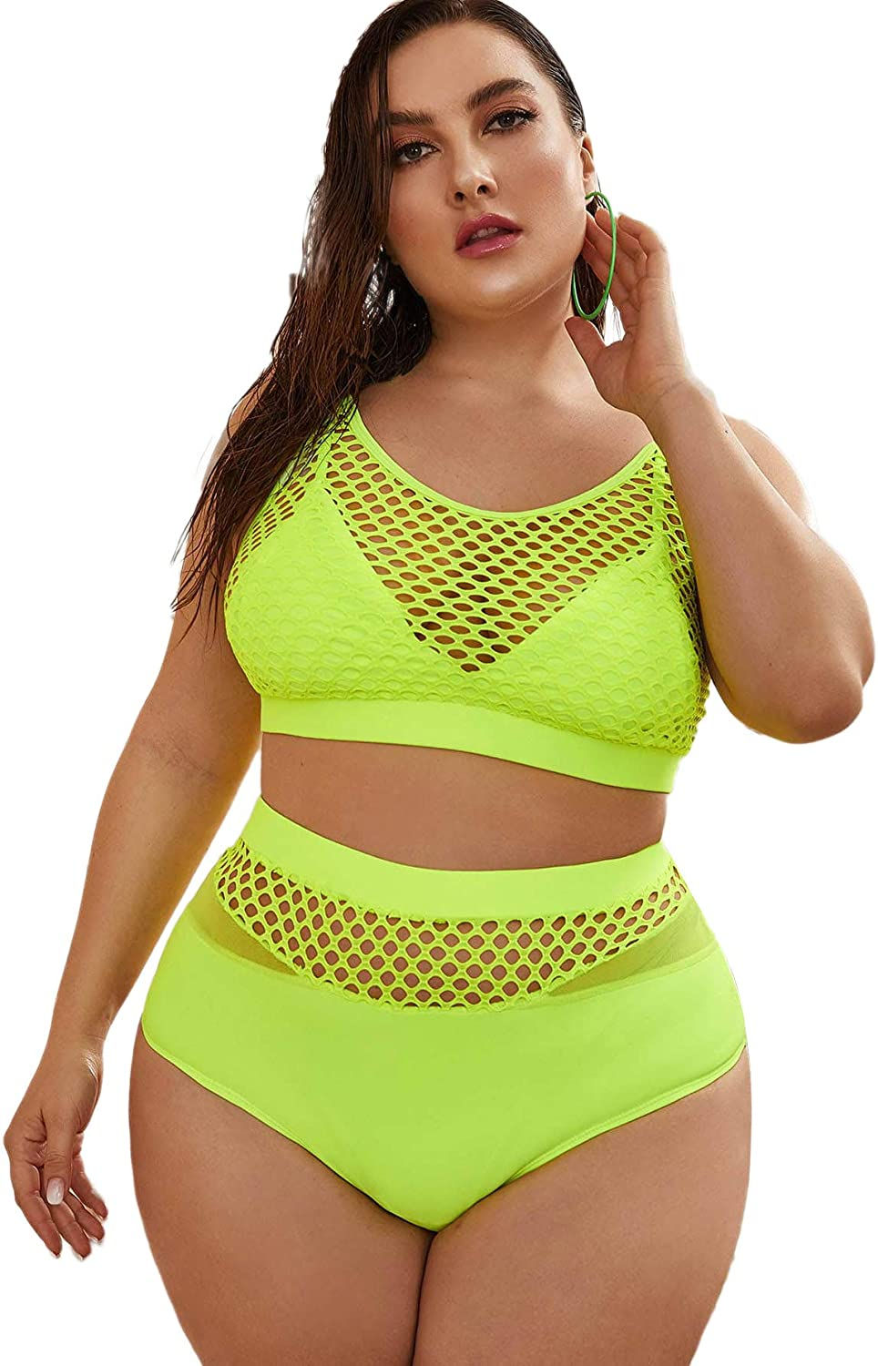 Floerns Women's Plus Size Splice Fishnet Cami Top and High Waist Bikini Set