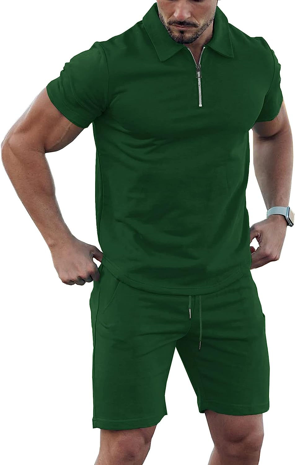 Thumbnail: URRU Mens Short Sleeve Casual Polo Shirt and Shorts Sets Two Piece Summer Outfi