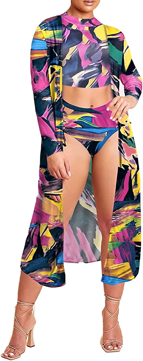 Thumbnail: Womens Hawaiian Outfits 3 Piece Swimsuit Summer Beach Cover Ups Floral Kimono C