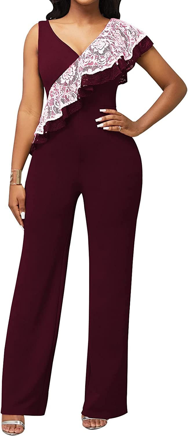 Thumbnail: Xinlees Women's Elegant V Neck Jumpsuit Casual Straight Trousers Business Rompe