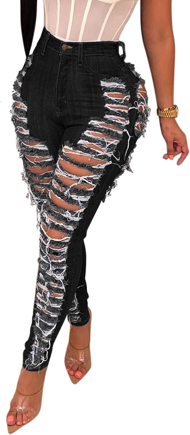Thumbnail: Women's Skinny Ripped Jeans Stretch Destroyed Mid High Waist Denim Pants